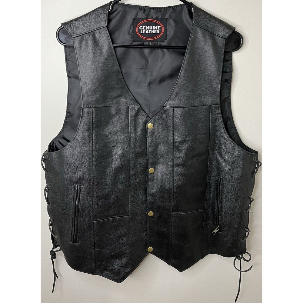 Genuine Leather Button Zipper Lace-Up Black Vest Lined Men's Size L
